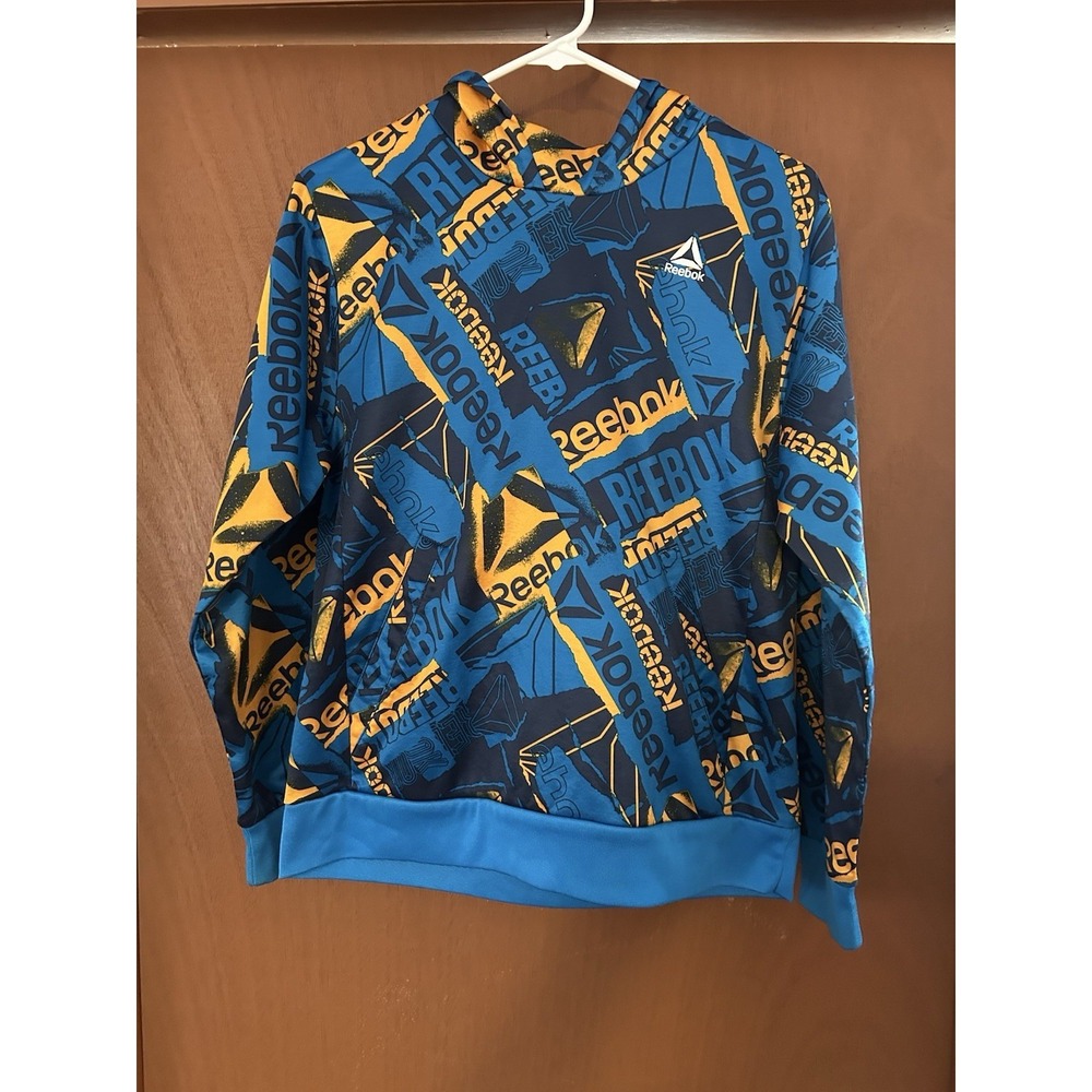 Reebok Boys Youth Hoodie Blue Orange All Over Logo Pullover Sweatshirt